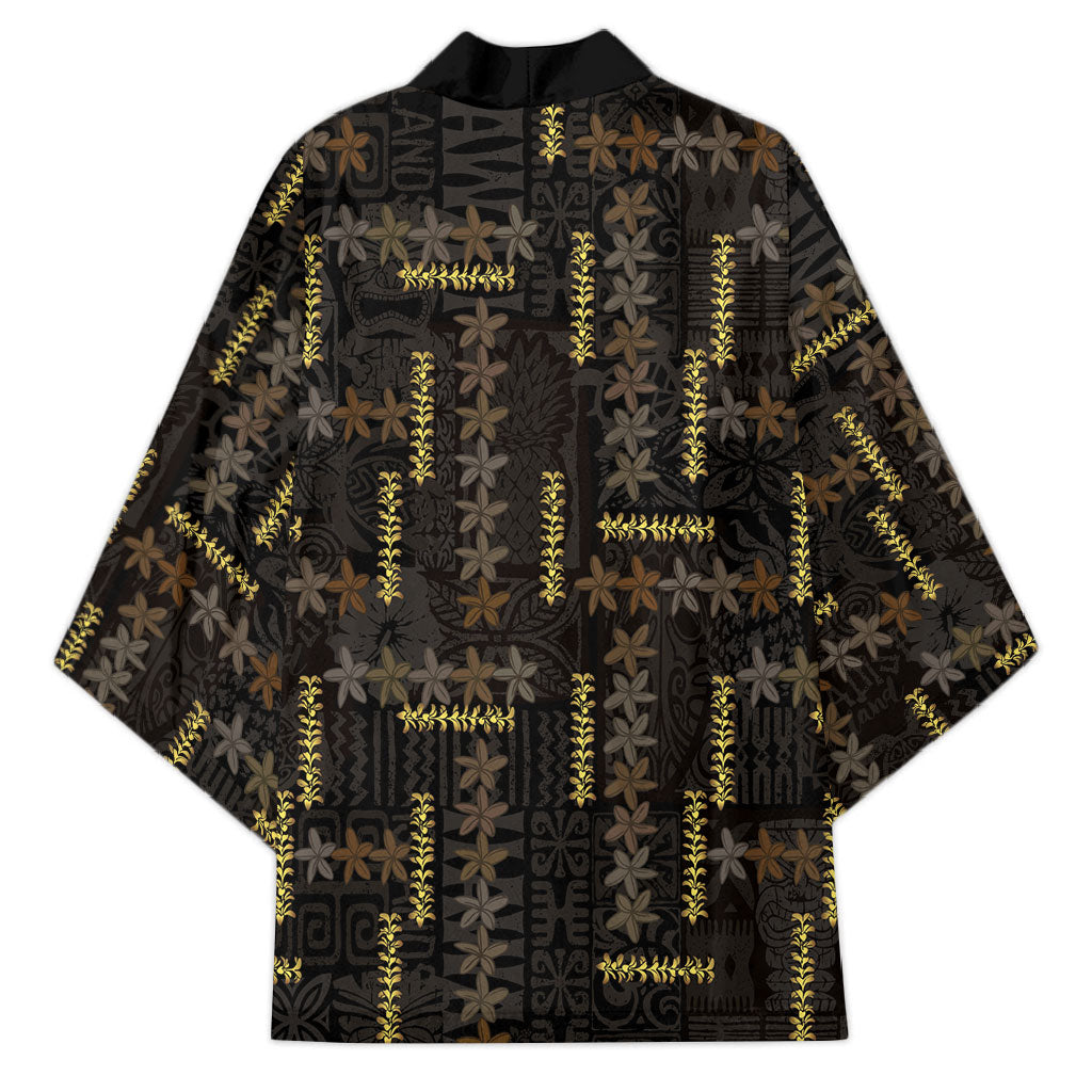 Hawaii Brown Plumeria Lei Black Kimono Frangipani Floral Heritage Art LT01 - Polynesian Pride
