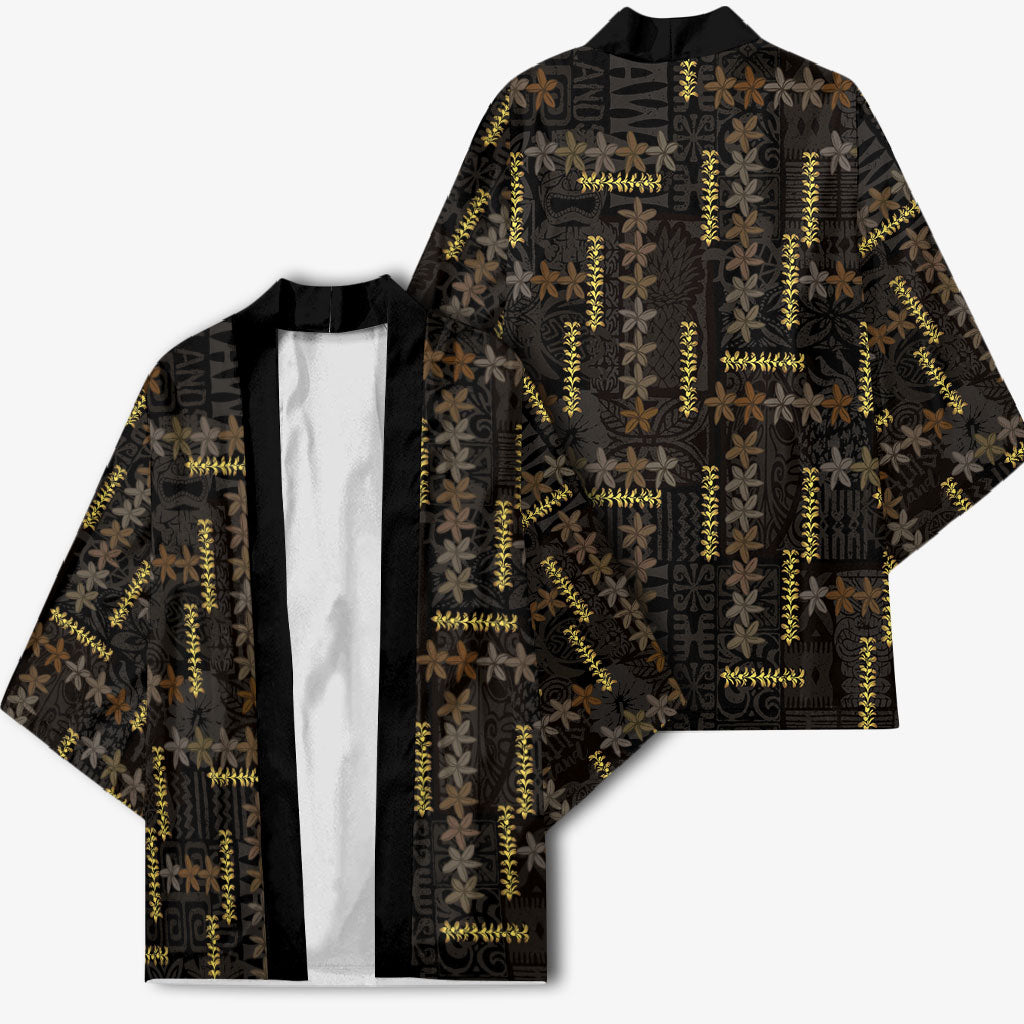 Hawaii Brown Plumeria Lei Black Kimono Frangipani Floral Heritage Art LT01 - Polynesian Pride
