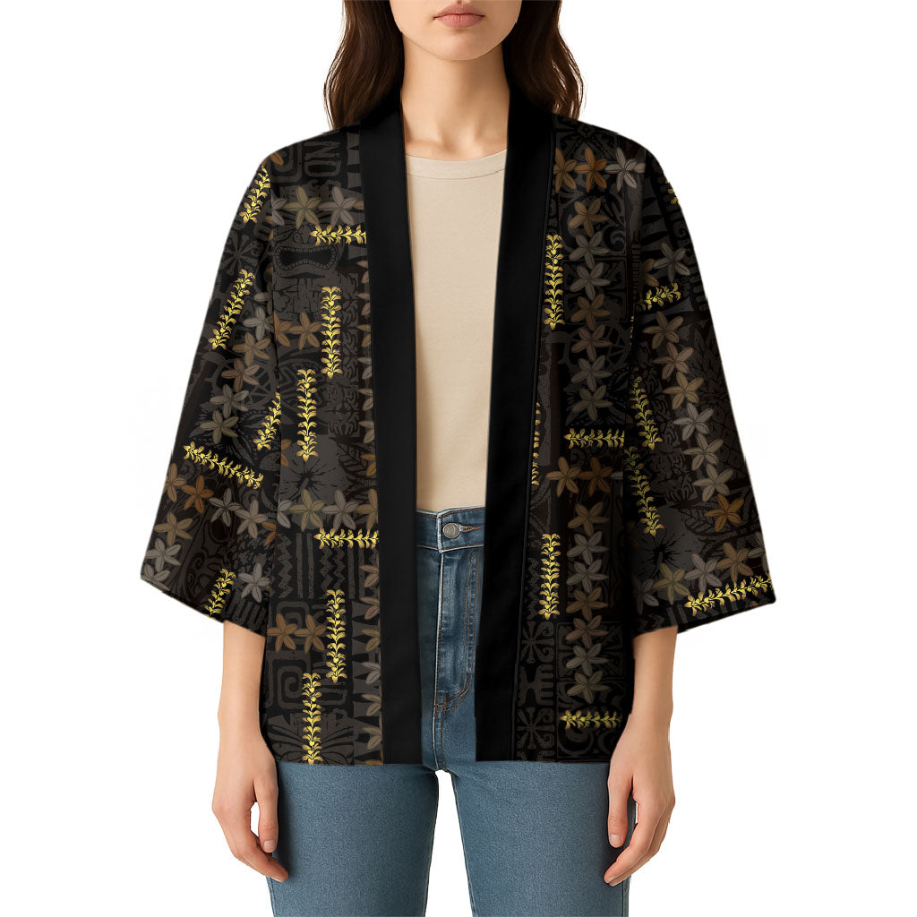 Hawaii Brown Plumeria Lei Black Kimono Frangipani Floral Heritage Art LT01 - Polynesian Pride