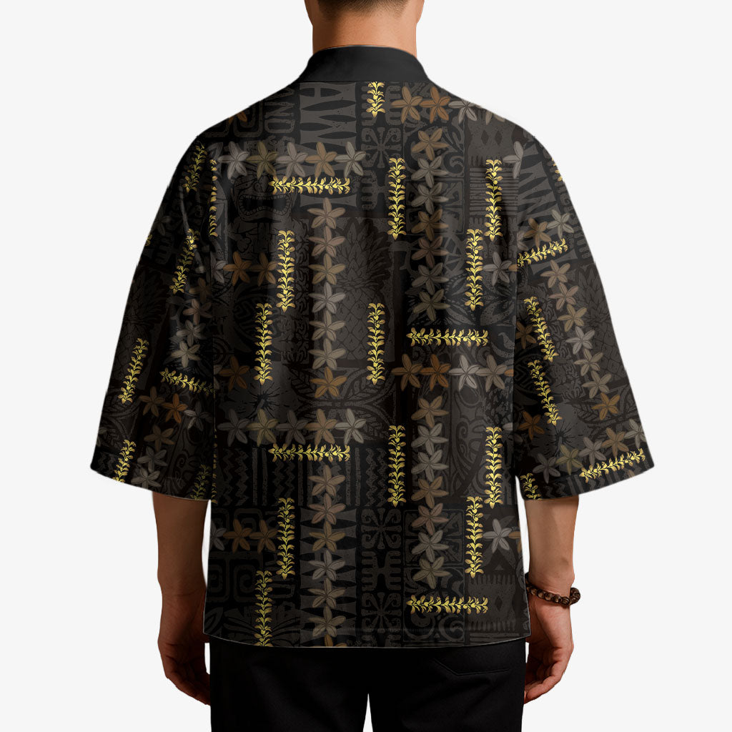 Hawaii Brown Plumeria Lei Black Kimono Frangipani Floral Heritage Art LT01 - Polynesian Pride