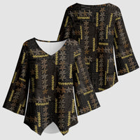 Hawaii Brown Plumeria Lei Black Kimono Sleeve Blouse Frangipani Floral Heritage Art