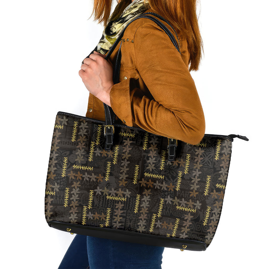 Hawaii Brown Plumeria Lei Black Leather Tote Bag Frangipani Floral Heritage Art