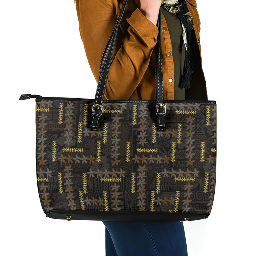 Hawaii Brown Plumeria Lei Black Leather Tote Bag Frangipani Floral Heritage Art