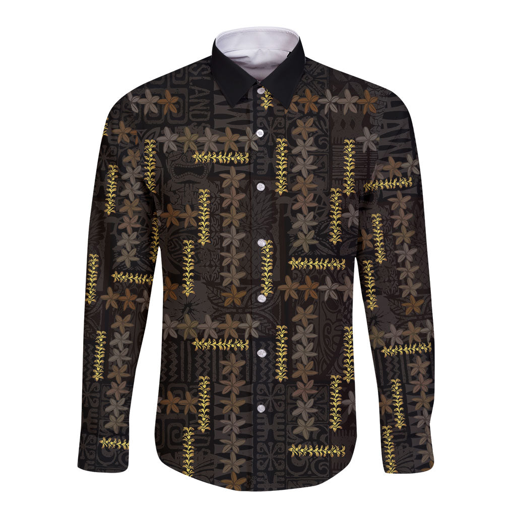 Hawaii Brown Plumeria Lei Black Long Sleeve Button Shirt Frangipani Floral Heritage Art