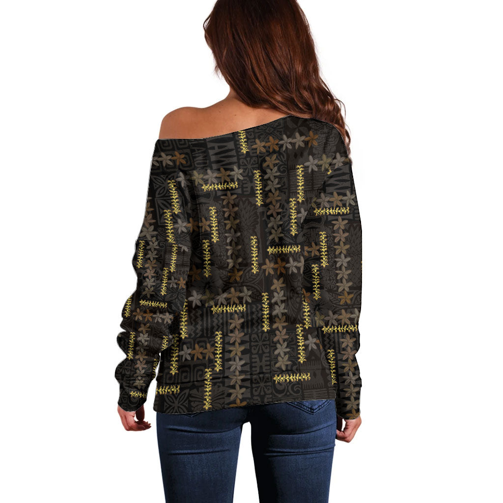 Hawaii Brown Plumeria Lei Black Off Shoulder Sweater Frangipani Floral Heritage Art LT01 - Polynesian Pride