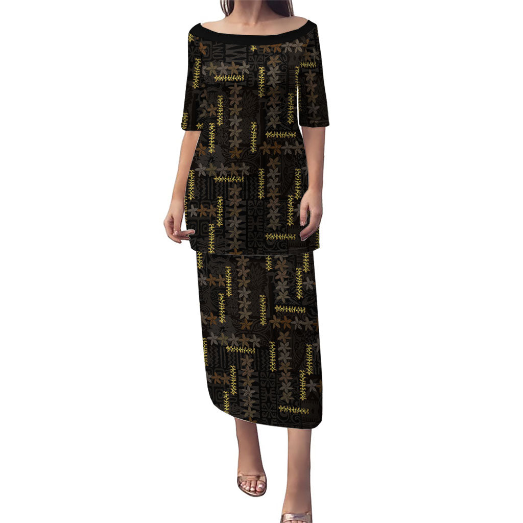 Hawaii Brown Plumeria Lei Black Puletasi Frangipani Floral Heritage Art LT01 Long Dress Black - Polynesian Pride
