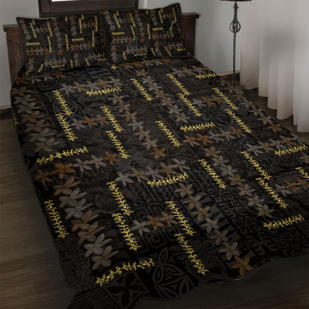 Hawaii Brown Plumeria Lei Black Quilt Bed Set Frangipani Floral Heritage Art