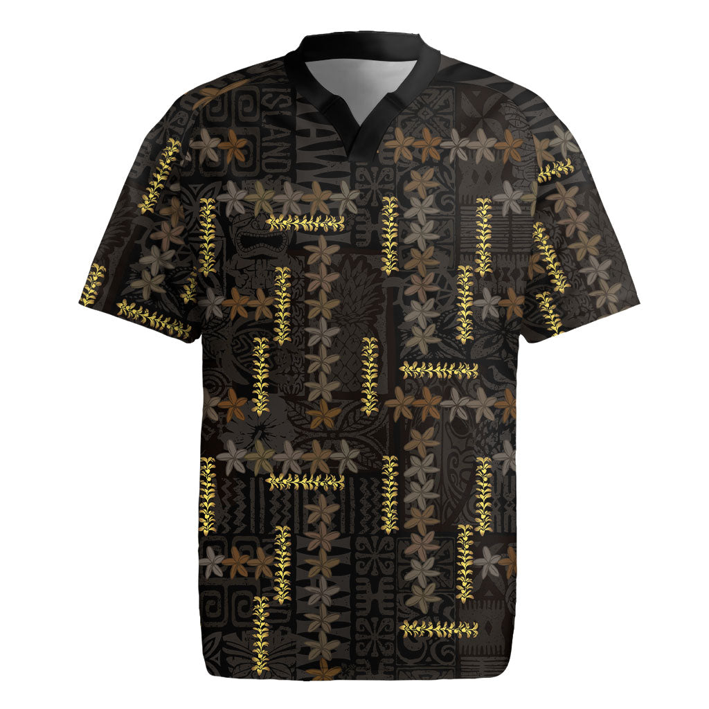 Hawaii Brown Plumeria Lei Black Rugby Jersey Frangipani Floral Heritage Art LT01 Black - Polynesian Pride