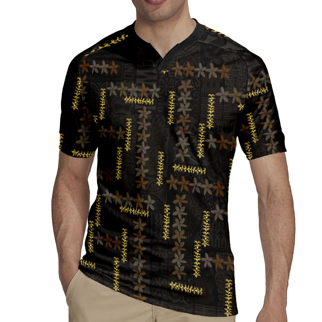 Hawaii Brown Plumeria Lei Black Rugby Jersey Frangipani Floral Heritage Art LT01 - Polynesian Pride