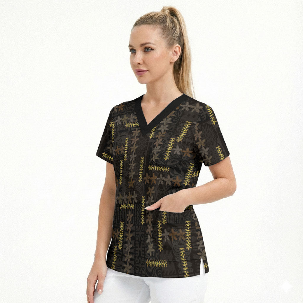 Hawaii Brown Plumeria Lei Black Scrub Top Frangipani Floral Heritage Art