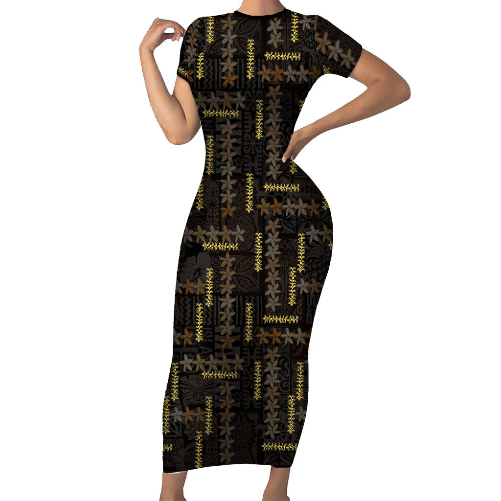 Hawaii Brown Plumeria Lei Black Short Sleeve Bodycon Dress Frangipani Floral Heritage Art