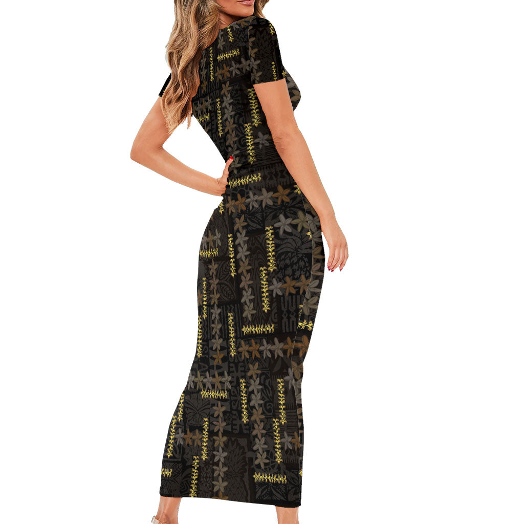 Hawaii Brown Plumeria Lei Black Short Sleeve Bodycon Dress Frangipani Floral Heritage Art