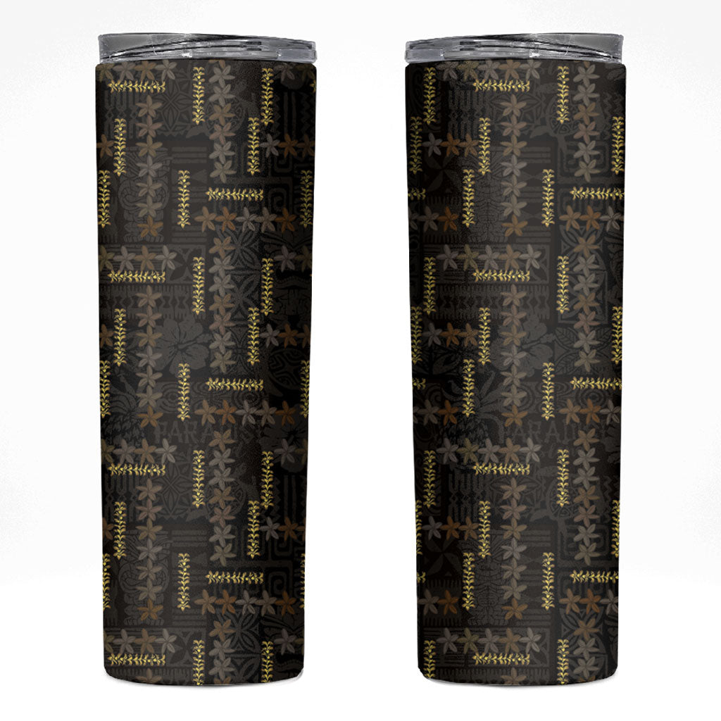 Hawaii Brown Plumeria Lei Black Skinny Tumbler Frangipani Floral Heritage Art