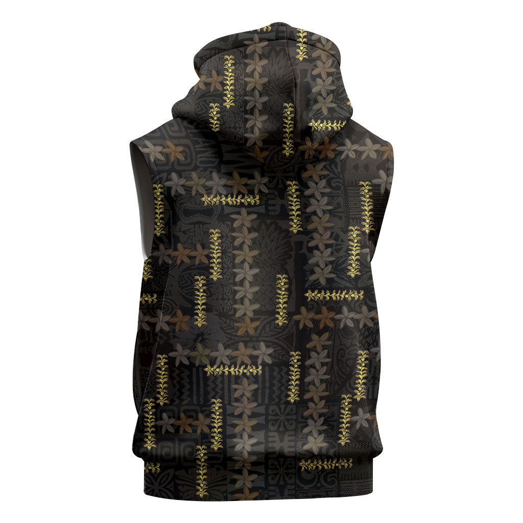 Hawaii Brown Plumeria Lei Black Sleeveless Hoodie Frangipani Floral Heritage Art