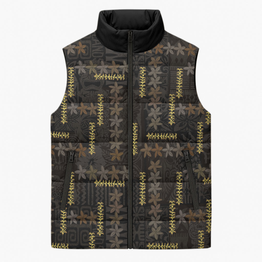 Hawaii Brown Plumeria Lei Black Sleeveless Puffer Jacket Frangipani Floral Heritage Art
