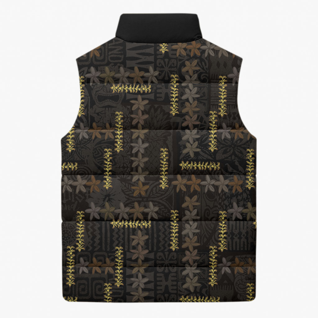 Hawaii Brown Plumeria Lei Black Sleeveless Puffer Jacket Frangipani Floral Heritage Art
