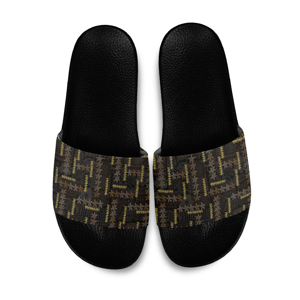 Hawaii Brown Plumeria Lei Black Slide Sandals Frangipani Floral Heritage Art