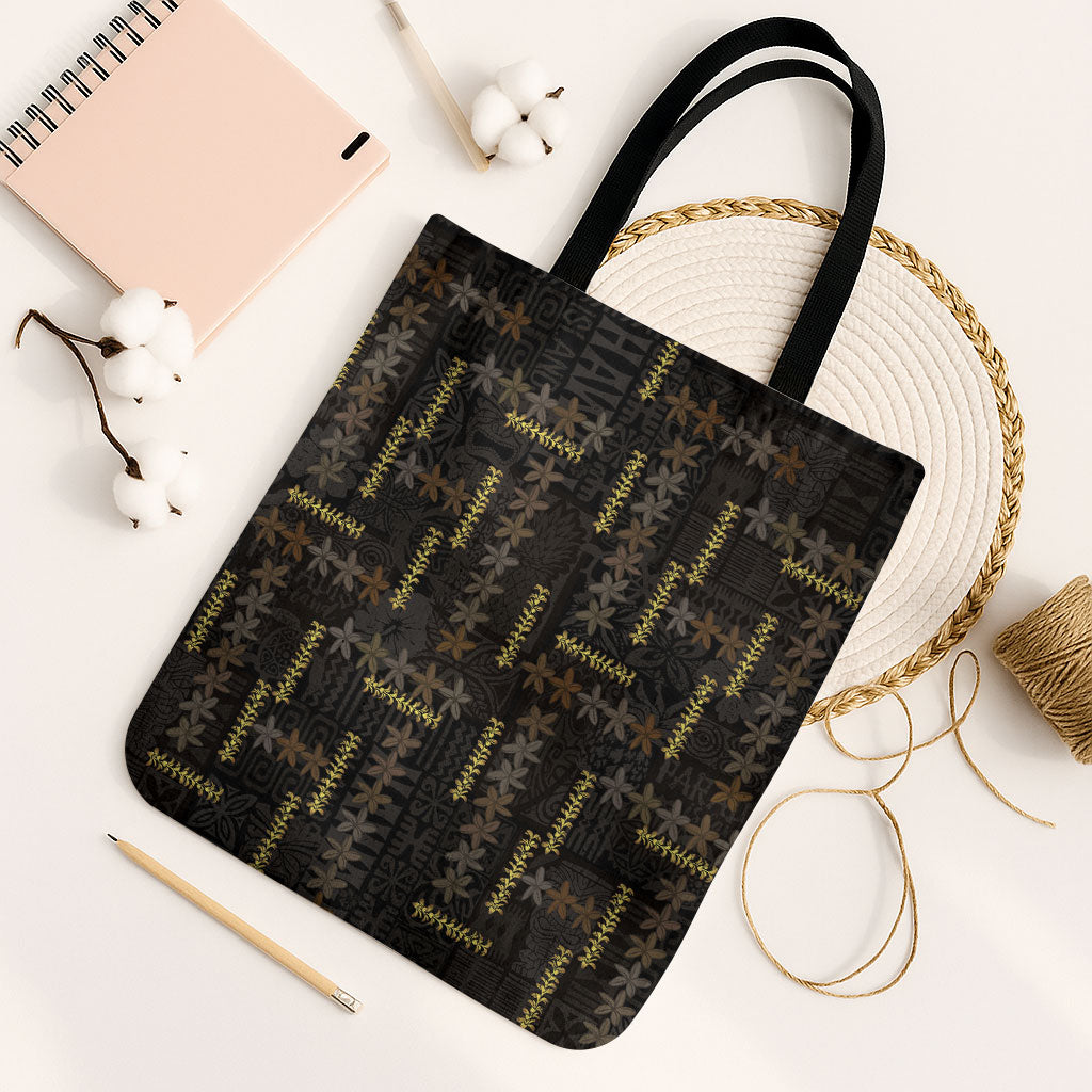 Hawaii Brown Plumeria Lei Black Tote Bag Frangipani Floral Heritage Art