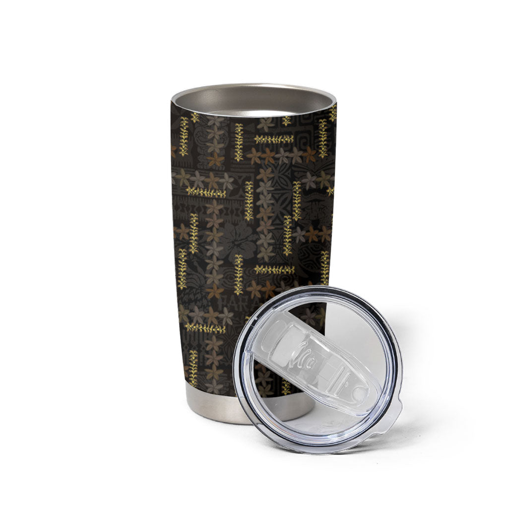 Hawaii Brown Plumeria Lei Black Tumbler Cup Frangipani Floral Heritage Art