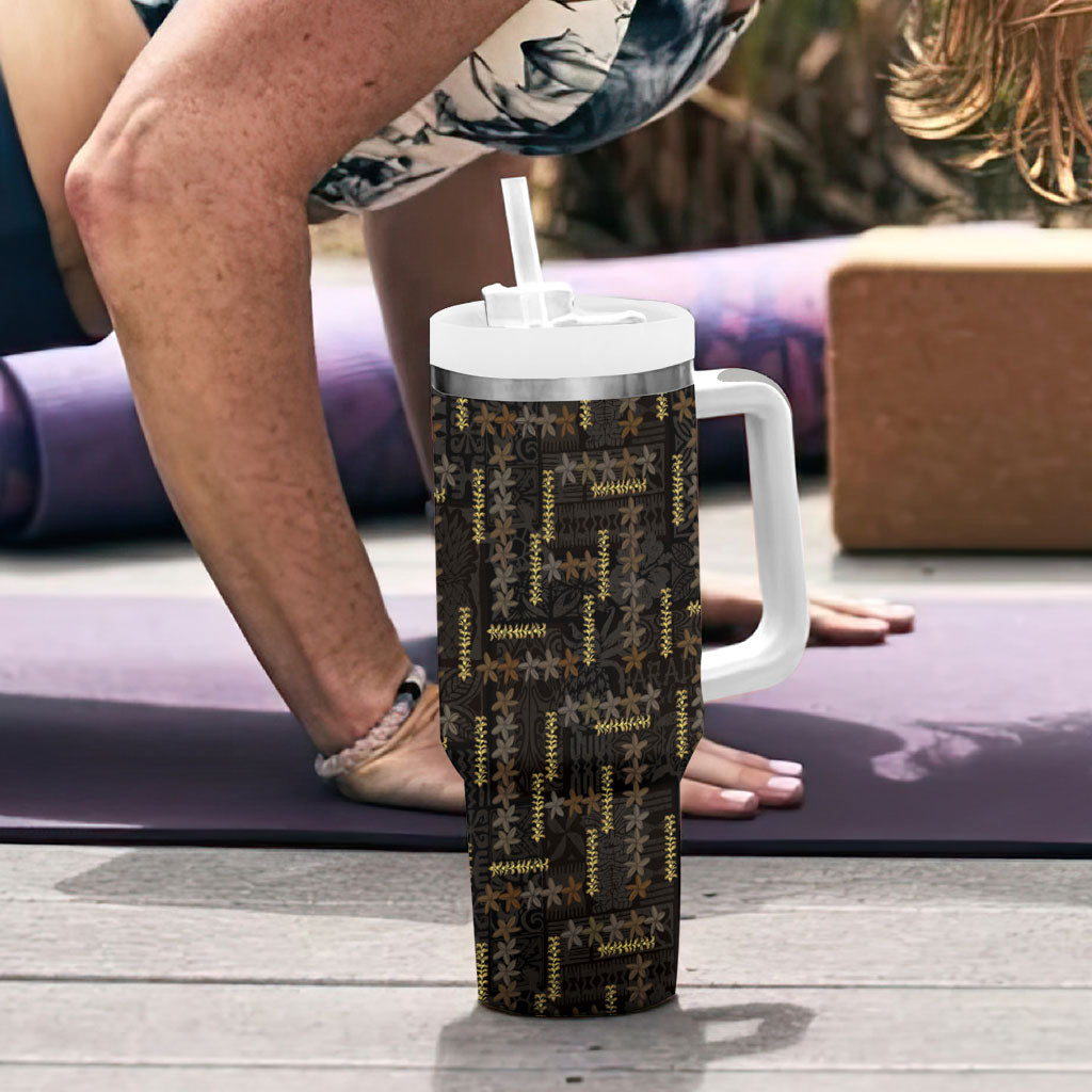 Hawaii Brown Plumeria Lei Black Tumbler With Handle Frangipani Floral Heritage Art