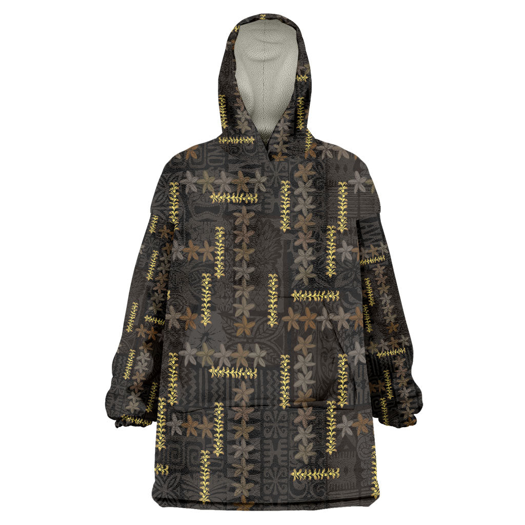 Hawaii Brown Plumeria Lei Black Wearable Blanket Hoodie Frangipani Floral Heritage Art LT01 One Size Black - Polynesian Pride