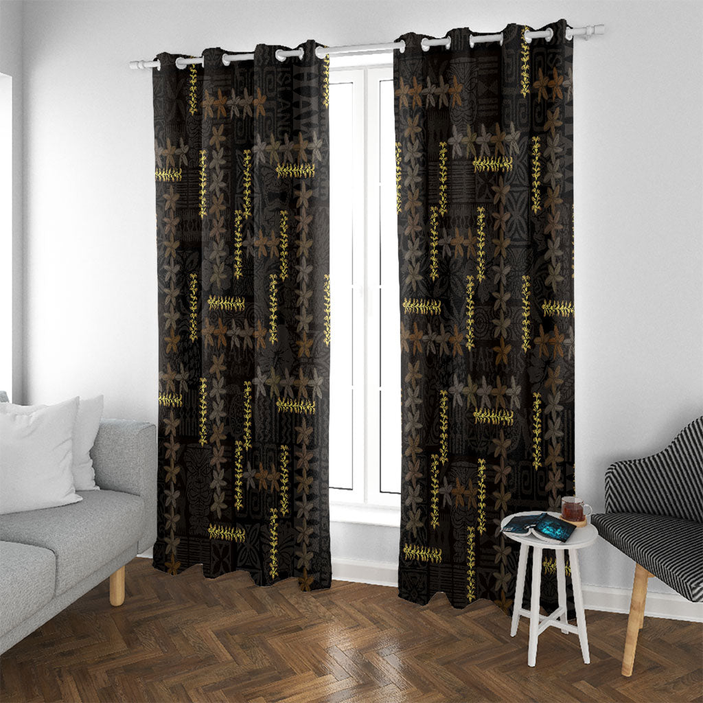 Hawaii Brown Plumeria Lei Black Window Curtain Frangipani Floral Heritage Art LT01 With Grommets Black - Polynesian Pride
