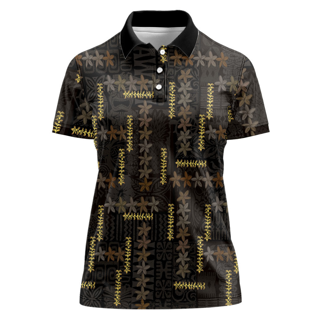Hawaii Brown Plumeria Lei Black Women Polo Shirt Frangipani Floral Heritage Art LT01 Female Black - Polynesian Pride