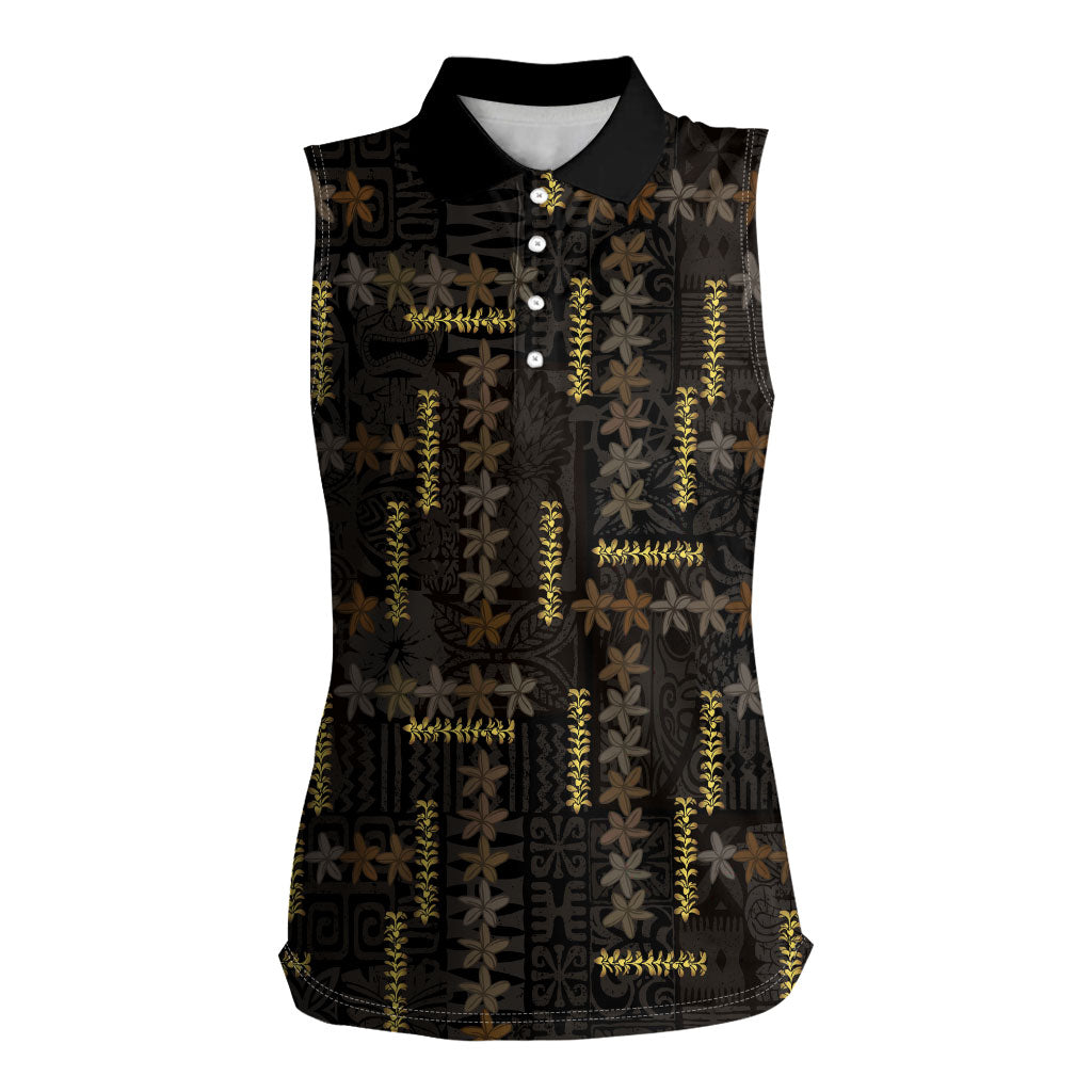 Hawaii Brown Plumeria Lei Black Women Sleeveless Polo Shirt Frangipani Floral Heritage Art