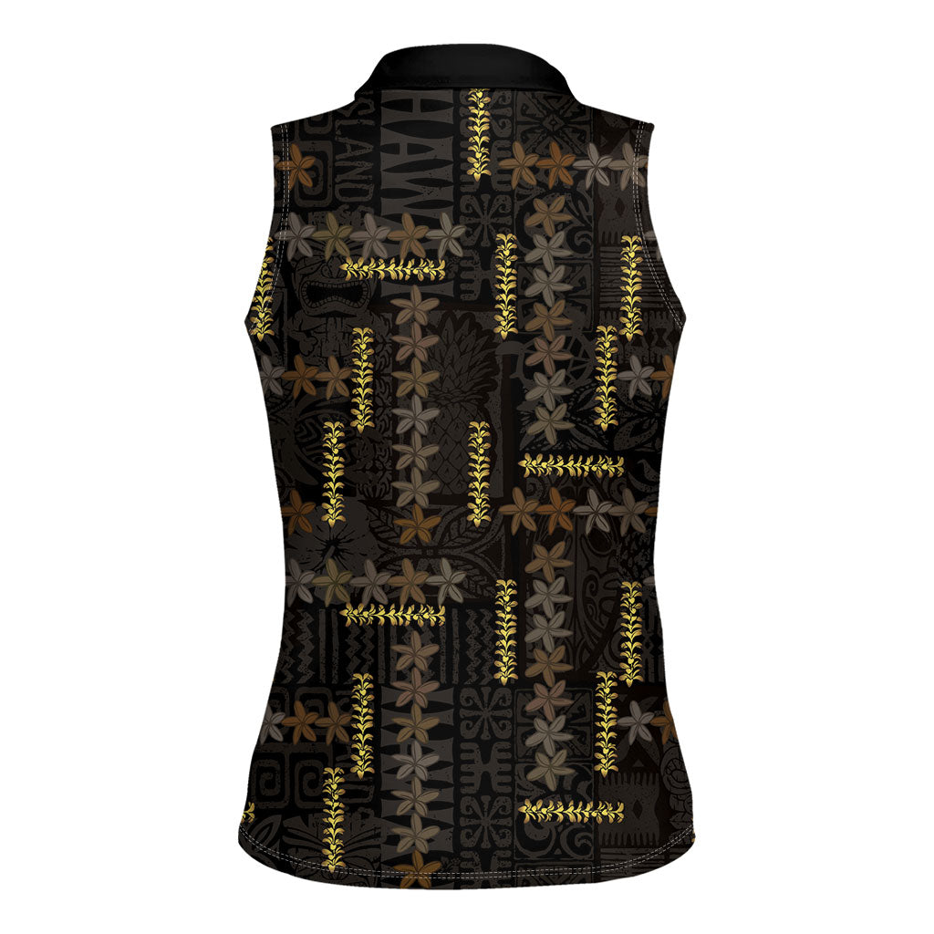Hawaii Brown Plumeria Lei Black Women Sleeveless Polo Shirt Frangipani Floral Heritage Art