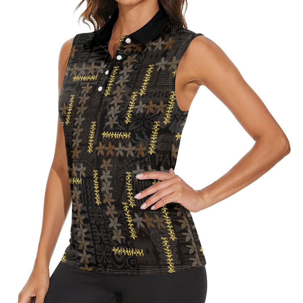 Hawaii Brown Plumeria Lei Black Women Sleeveless Polo Shirt Frangipani Floral Heritage Art