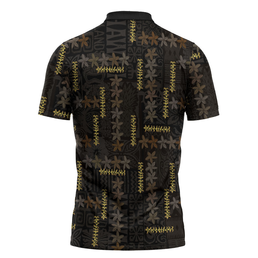 Hawaii Brown Plumeria Lei Black Zipper Polo Shirt Frangipani Floral Heritage Art