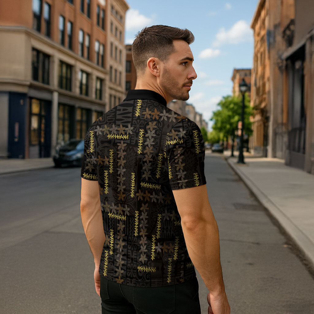 Hawaii Brown Plumeria Lei Black Zipper Polo Shirt Frangipani Floral Heritage Art