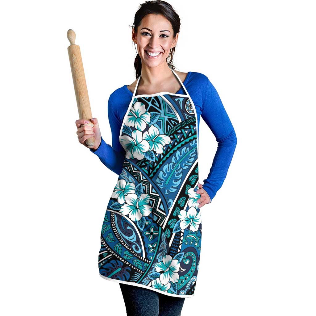 Polynesian Hibiscus Tropical Blue Floral Apron Tribal Pattern - Polynesian Pride