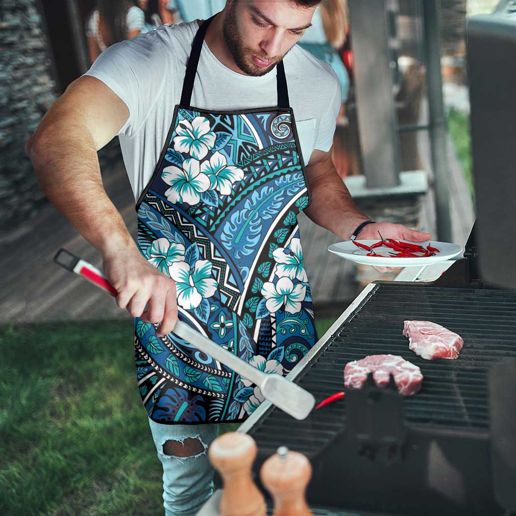 Polynesian Hibiscus Tropical Blue Floral Apron Tribal Pattern - Polynesian Pride
