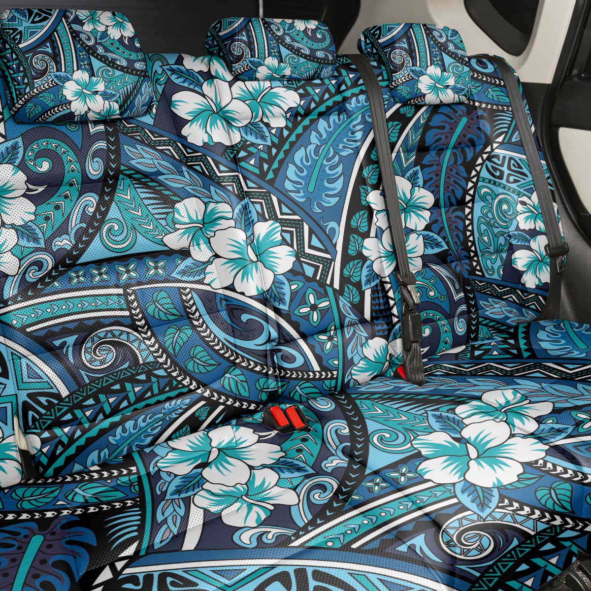 Polynesian Hibiscus Tropical Blue Floral Back Car Seat Cover Tribal Pattern - Polynesian Pride