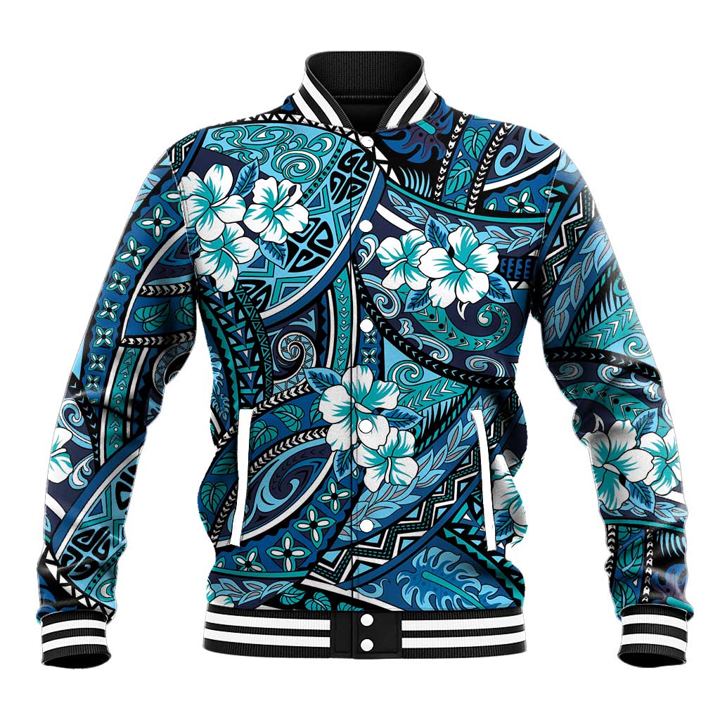 Polynesian Hibiscus Tropical Blue Floral Baseball Jacket Tribal Pattern LT01 Unisex Blue - Polynesian Pride