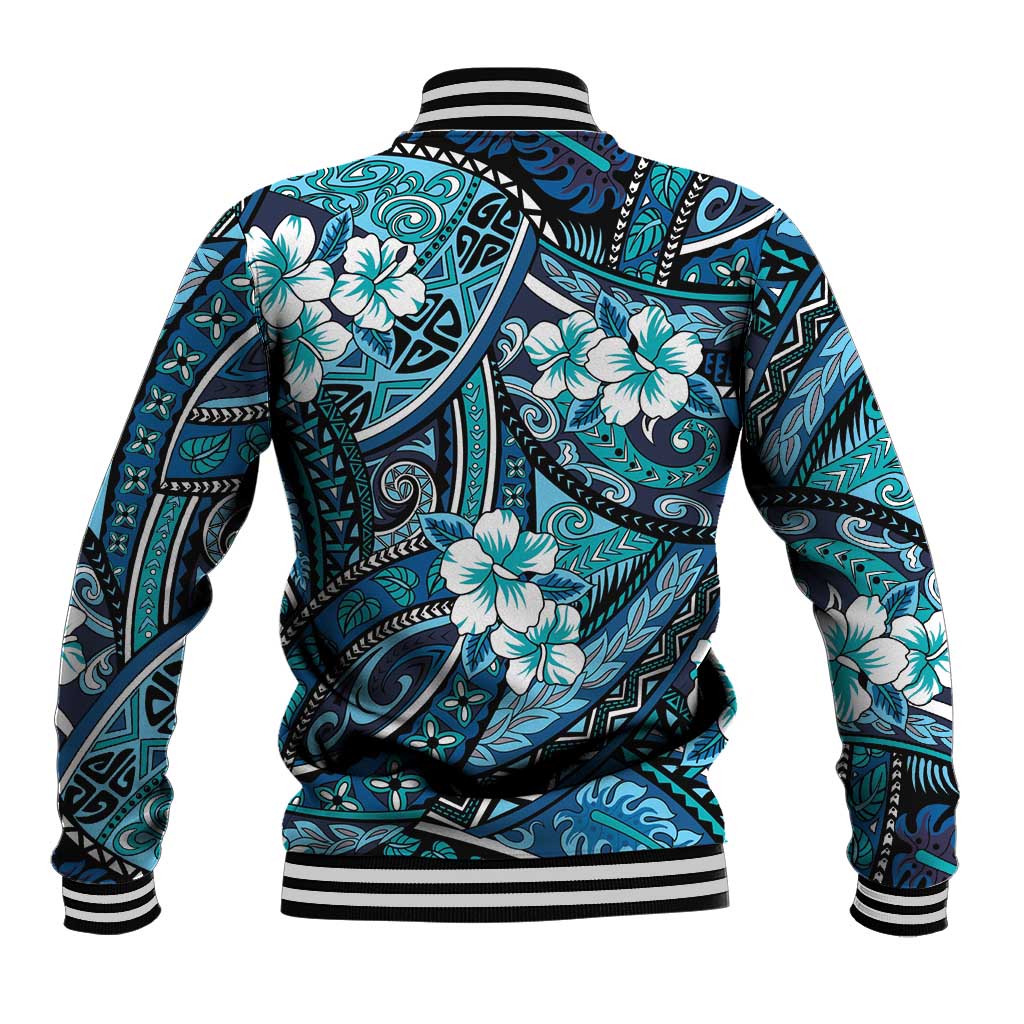 Polynesian Hibiscus Tropical Blue Floral Baseball Jacket Tribal Pattern LT01 - Polynesian Pride