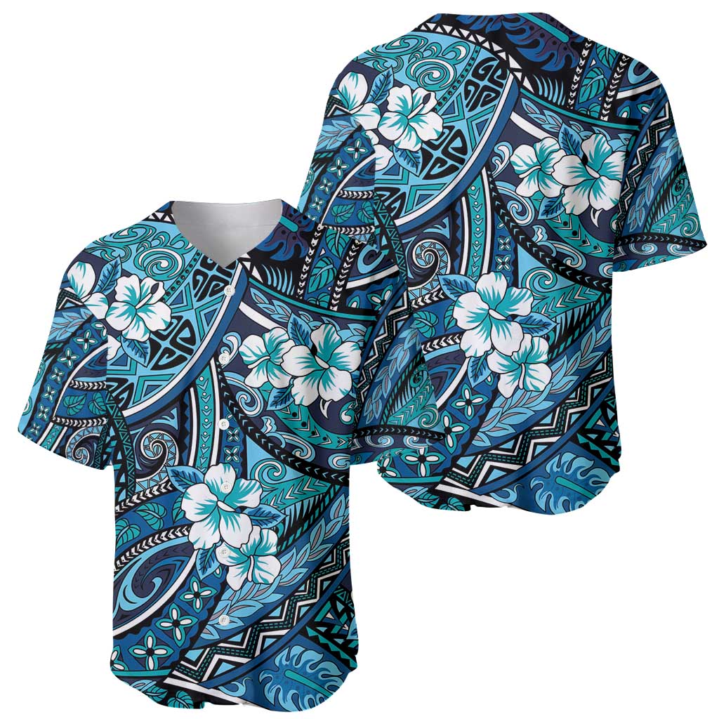 Polynesian Hibiscus Tropical Blue Floral Baseball Jersey Tribal Pattern - Polynesian Pride