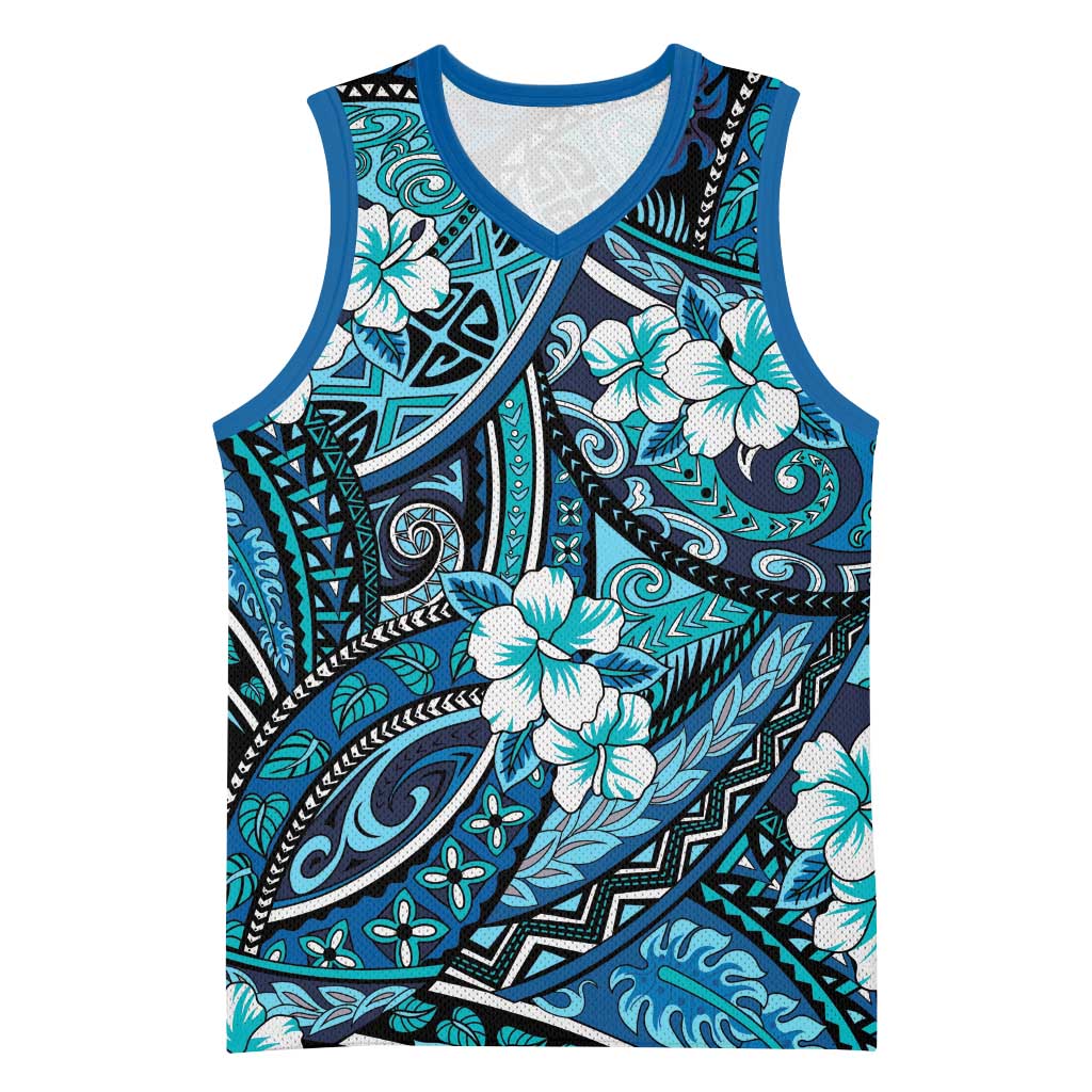 Polynesian Hibiscus Tropical Blue Floral Basketball Jersey Tribal Pattern LT01 Unisex Blue - Polynesian Pride
