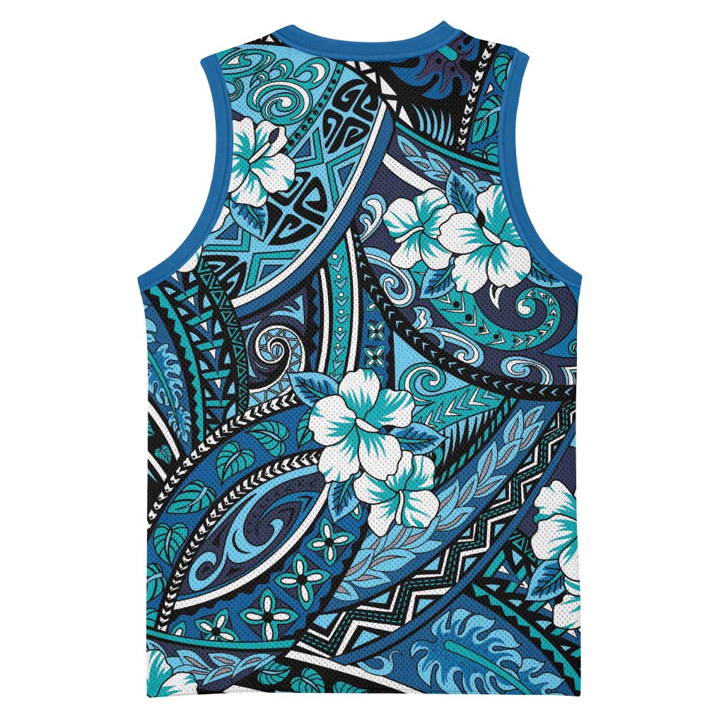 Polynesian Hibiscus Tropical Blue Floral Basketball Jersey Tribal Pattern LT01 - Polynesian Pride