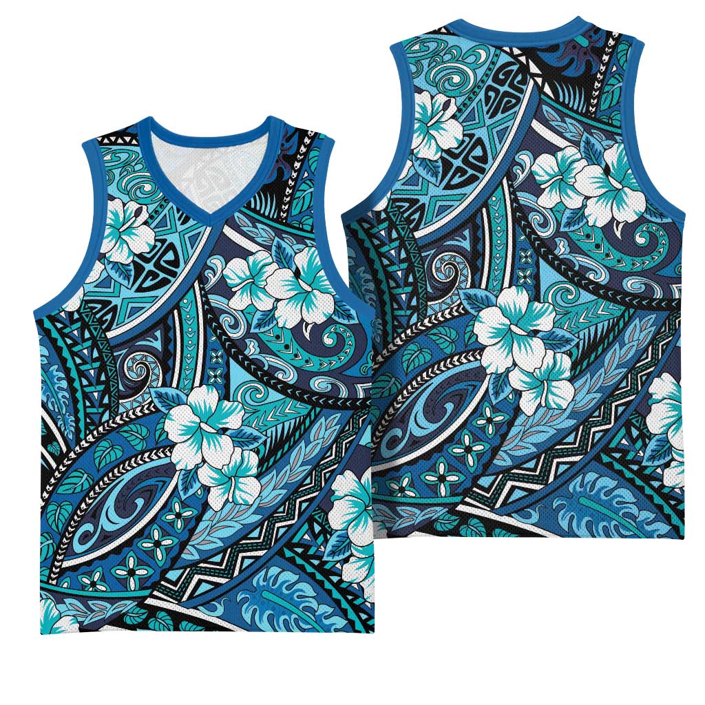 Polynesian Hibiscus Tropical Blue Floral Basketball Jersey Tribal Pattern LT01 - Polynesian Pride