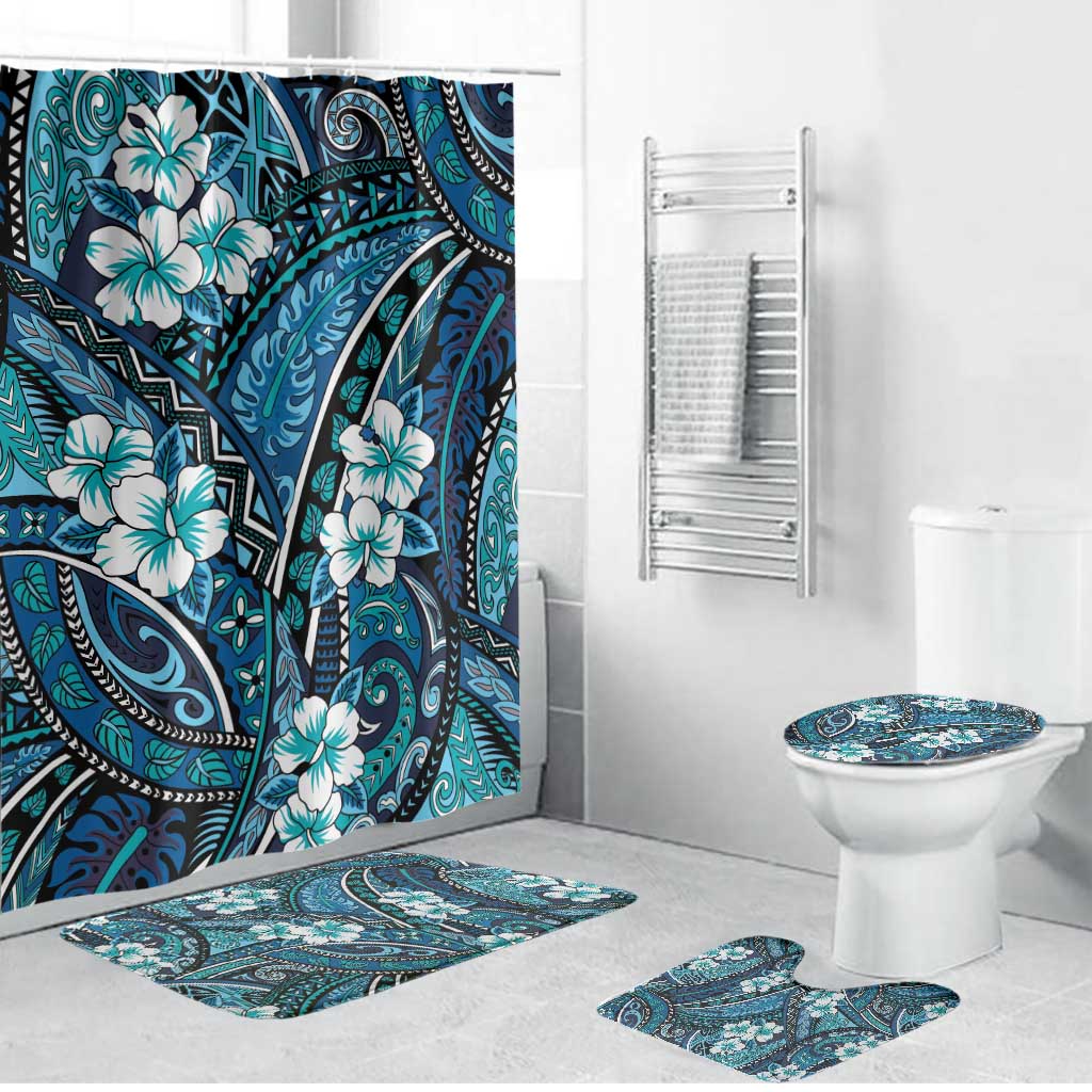 Polynesian Hibiscus Tropical Blue Floral Bathroom Set Tribal Pattern - Polynesian Pride