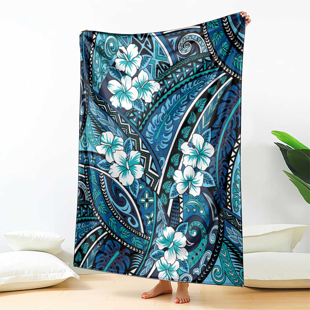 Polynesian Hibiscus Tropical Blue Floral Blanket Tribal Pattern - Polynesian Pride