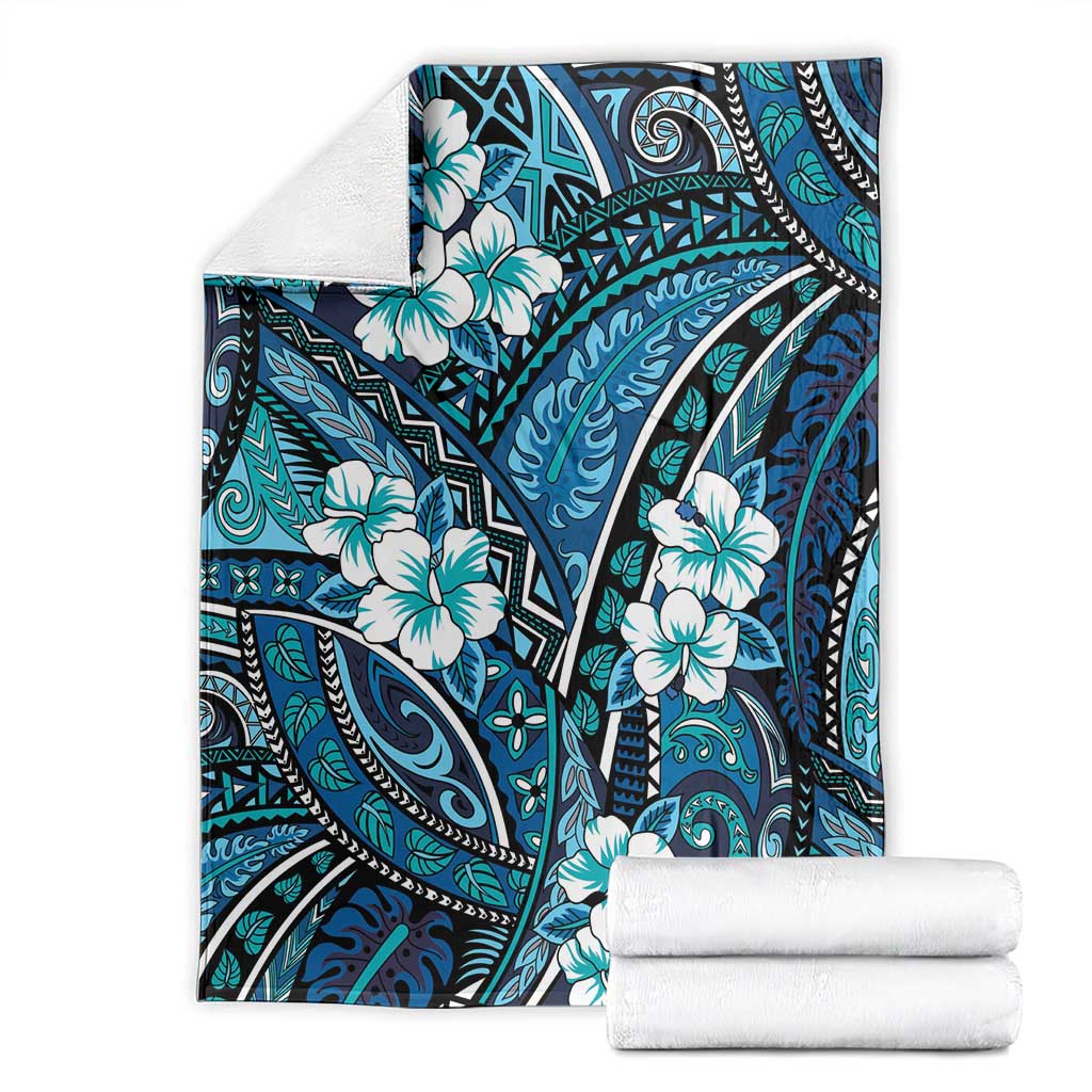 Polynesian Hibiscus Tropical Blue Floral Blanket Tribal Pattern - Polynesian Pride