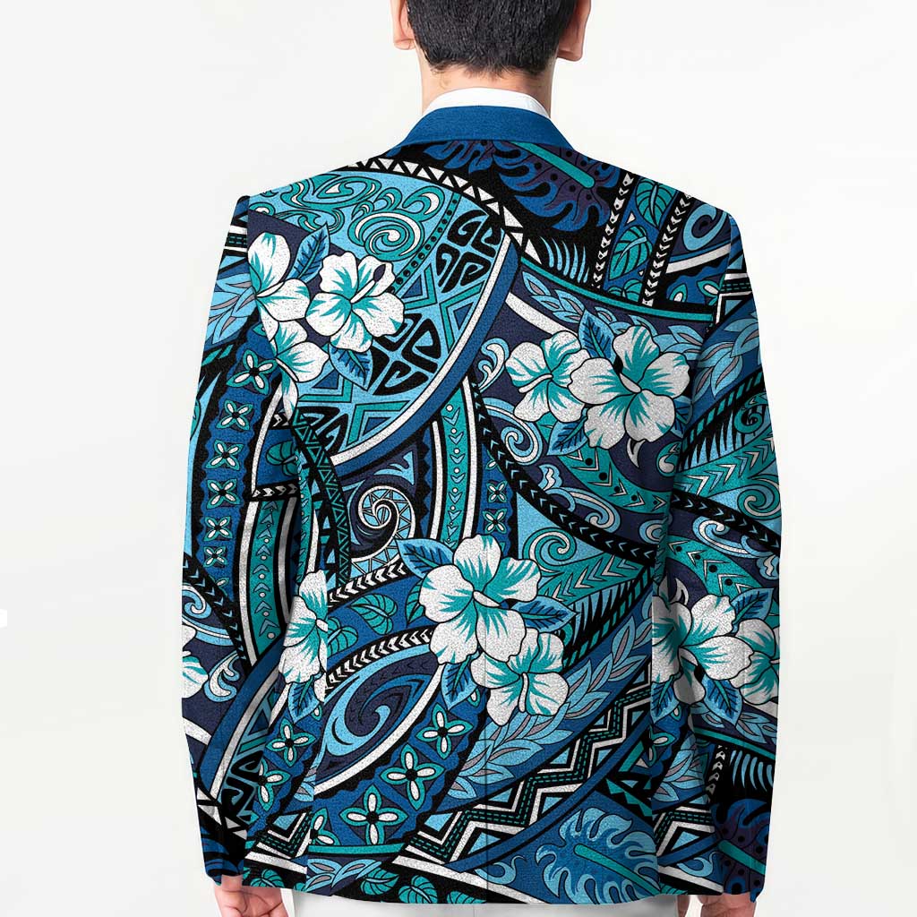 Polynesian Hibiscus Tropical Blue Floral Blazer Tribal Pattern - Polynesian Pride