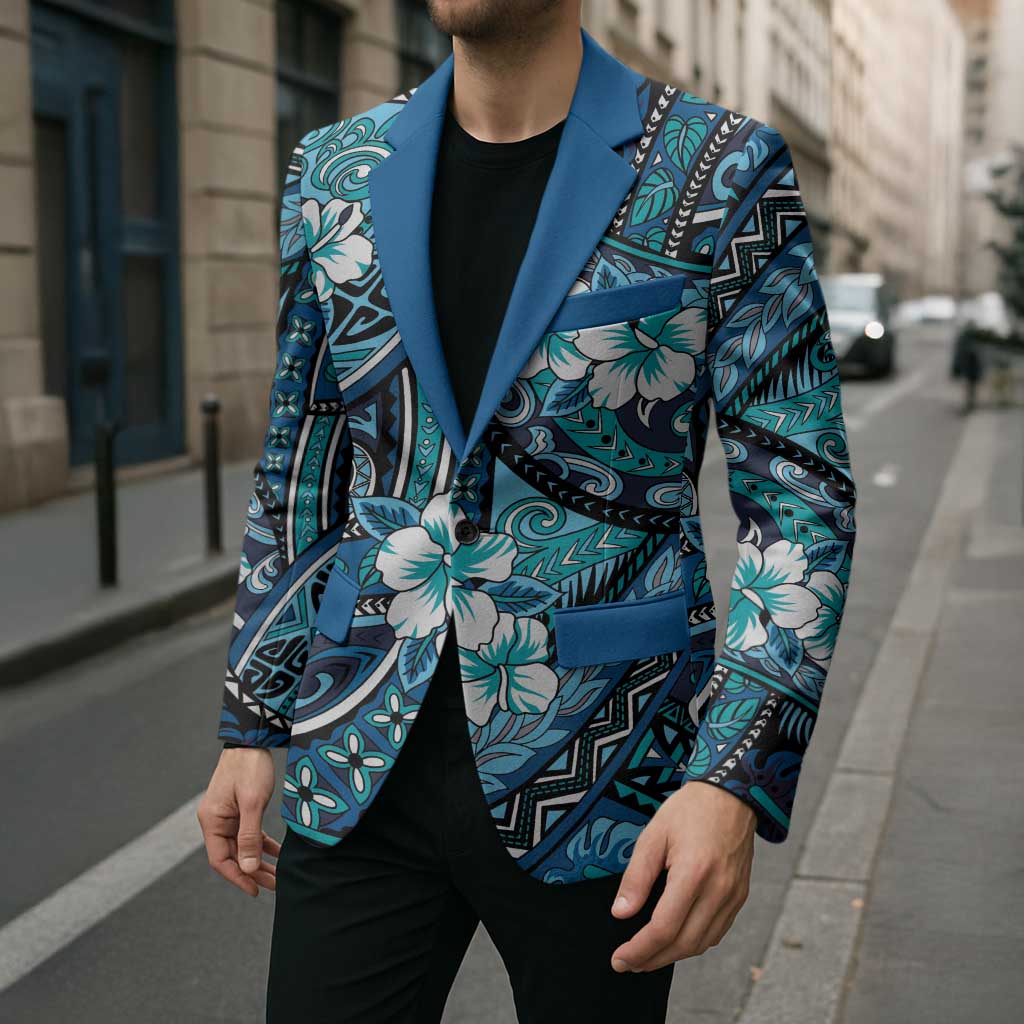 Polynesian Hibiscus Tropical Blue Floral Blazer Tribal Pattern - Polynesian Pride