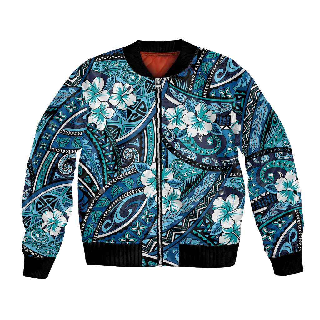 Polynesian Hibiscus Tropical Blue Floral Bomber Jacket Tribal Pattern - Polynesian Pride
