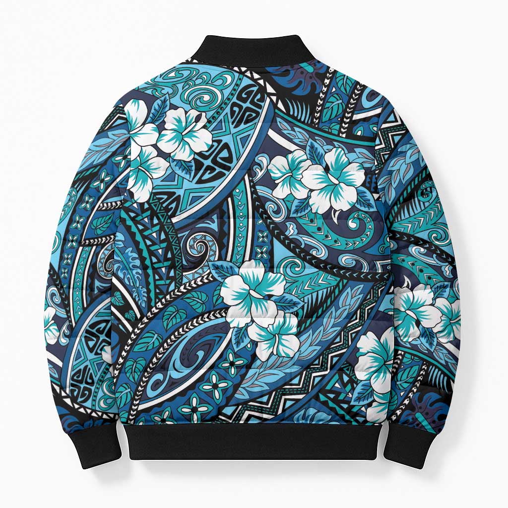 Polynesian Hibiscus Tropical Blue Floral Bomber Puffer Jacket Tribal Pattern LT01 - Polynesian Pride