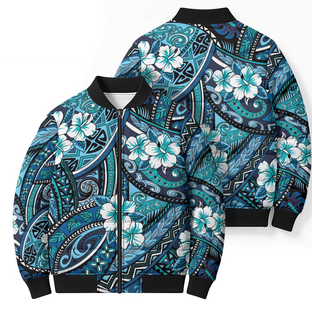 Polynesian Hibiscus Tropical Blue Floral Bomber Puffer Jacket Tribal Pattern LT01 - Polynesian Pride