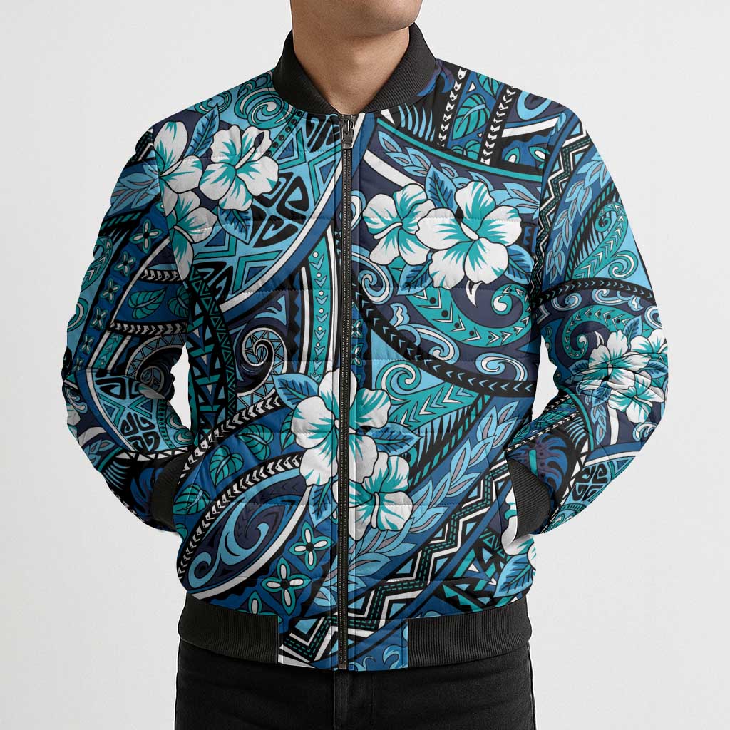 Polynesian Hibiscus Tropical Blue Floral Bomber Puffer Jacket Tribal Pattern LT01 - Polynesian Pride